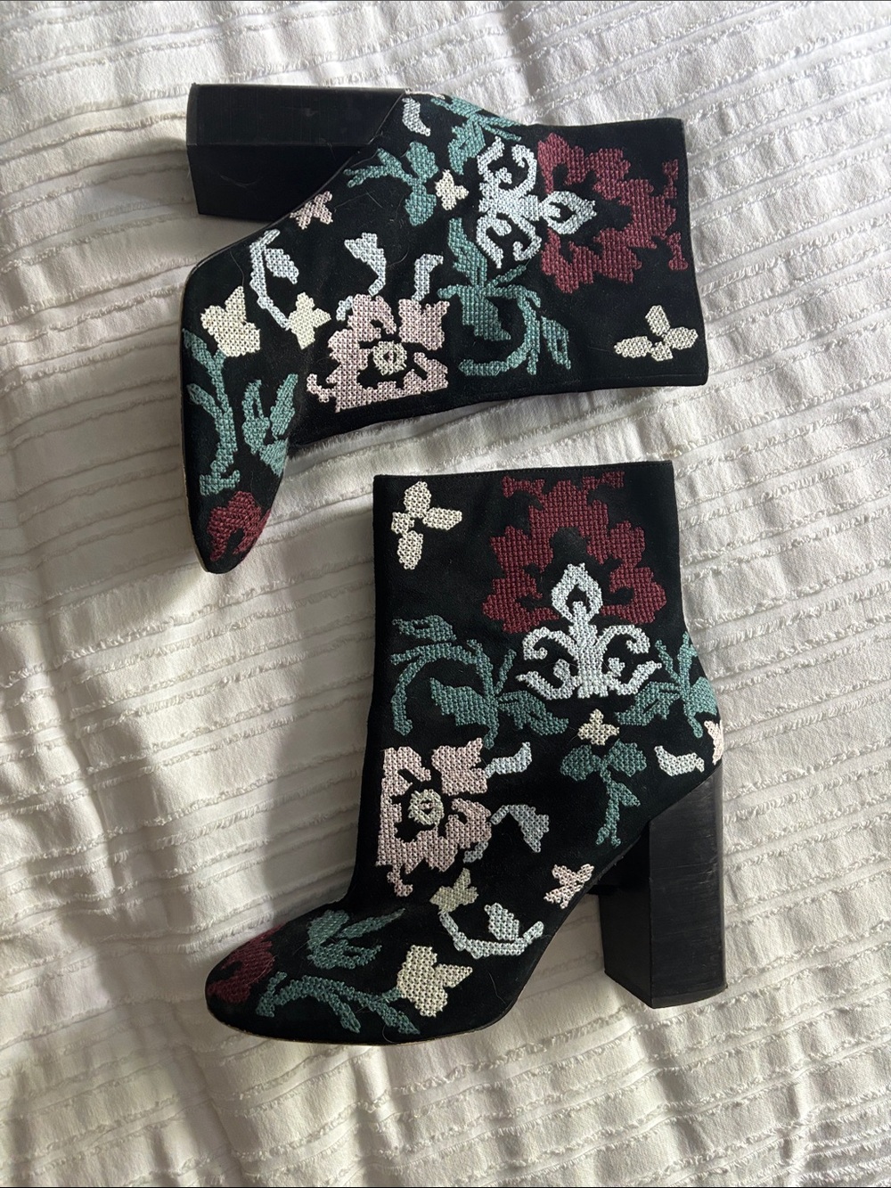 Black Floral Embroidered Ankle Boots - Women's